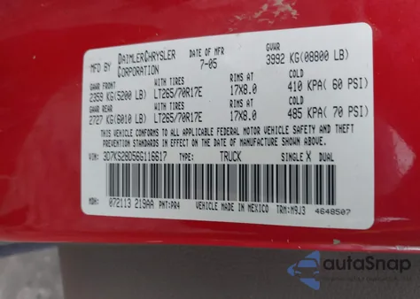 2006 Dodge Ram 2500 Laramie/Slt/Sport/Slt/Trx4 Off Road/Sport/Power Wagon/St from USA, damaged, VIN 3D7KS28D565166171